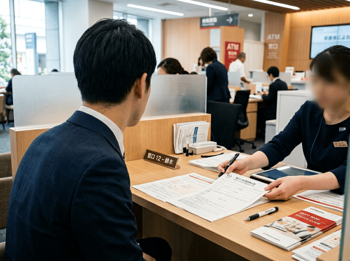 銀行窓口で融資審査を受ける起業直後の経営者