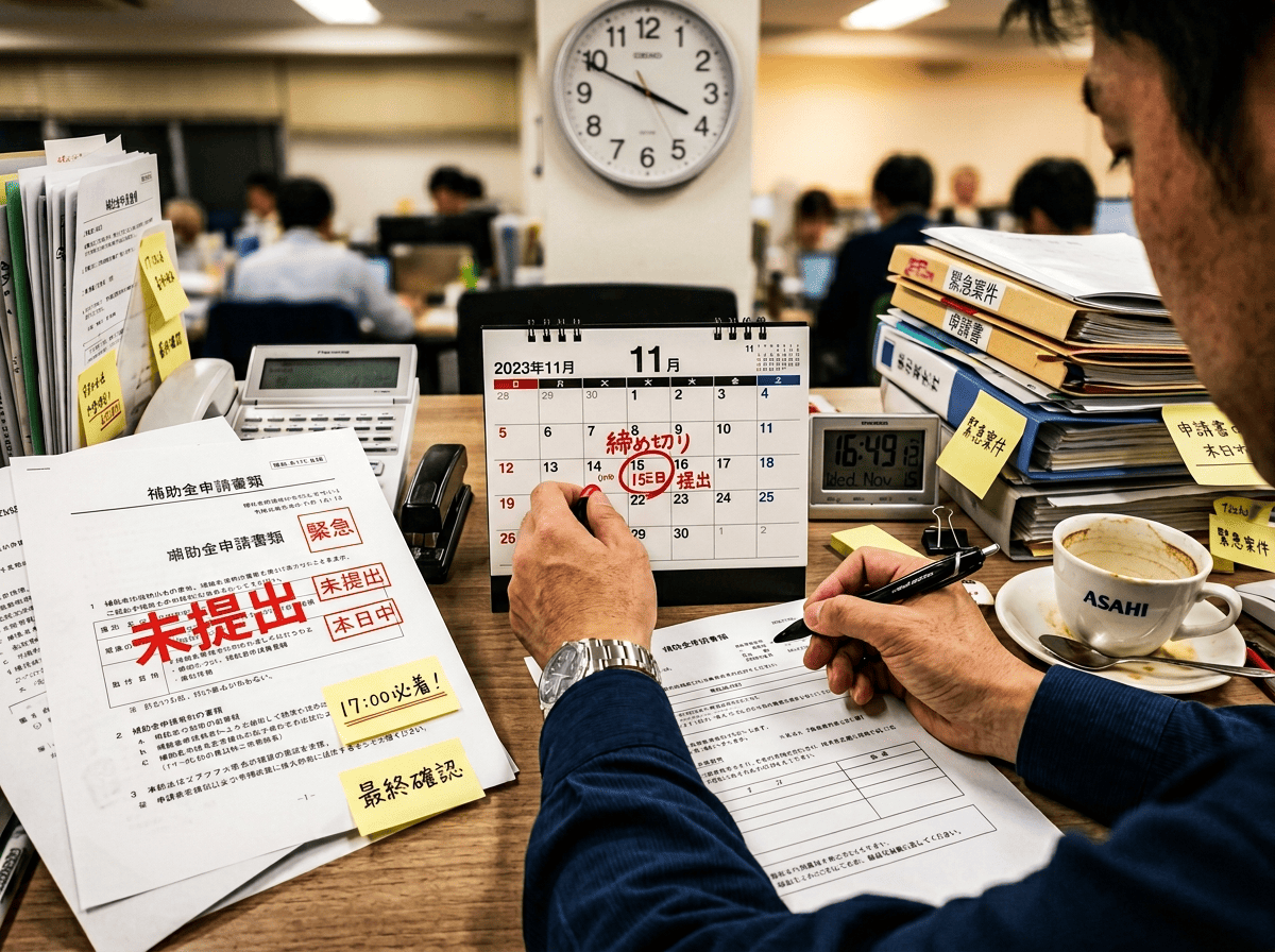 補助金申請の締切カレンダーと書類が並ぶデスク