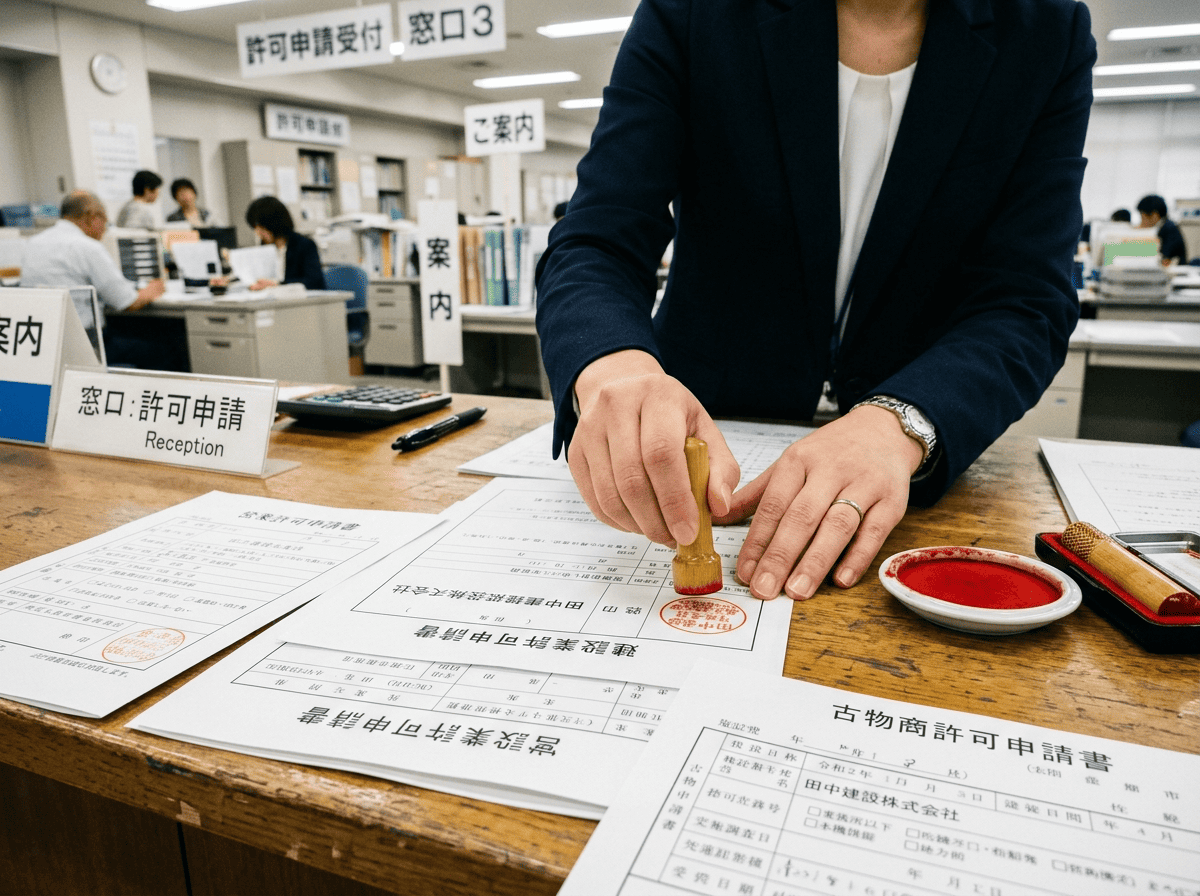 許認可申請書類と印鑑が並ぶ役所窓口のイメージ